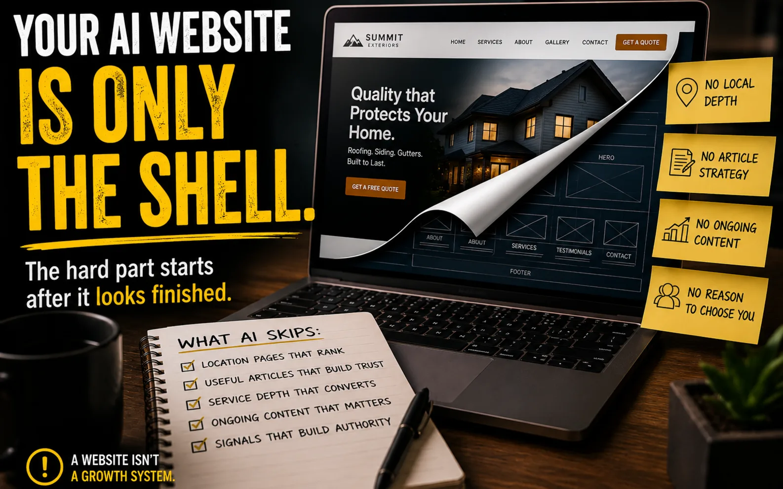 Laptop showing a polished generated website with notes about generic SEO, missing local depth, no article strategy, and no reason to pick the business.