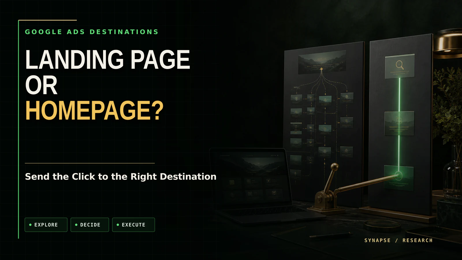 Landing page or homepage editorial cover with a route switch comparing broad navigation and a focused destination.