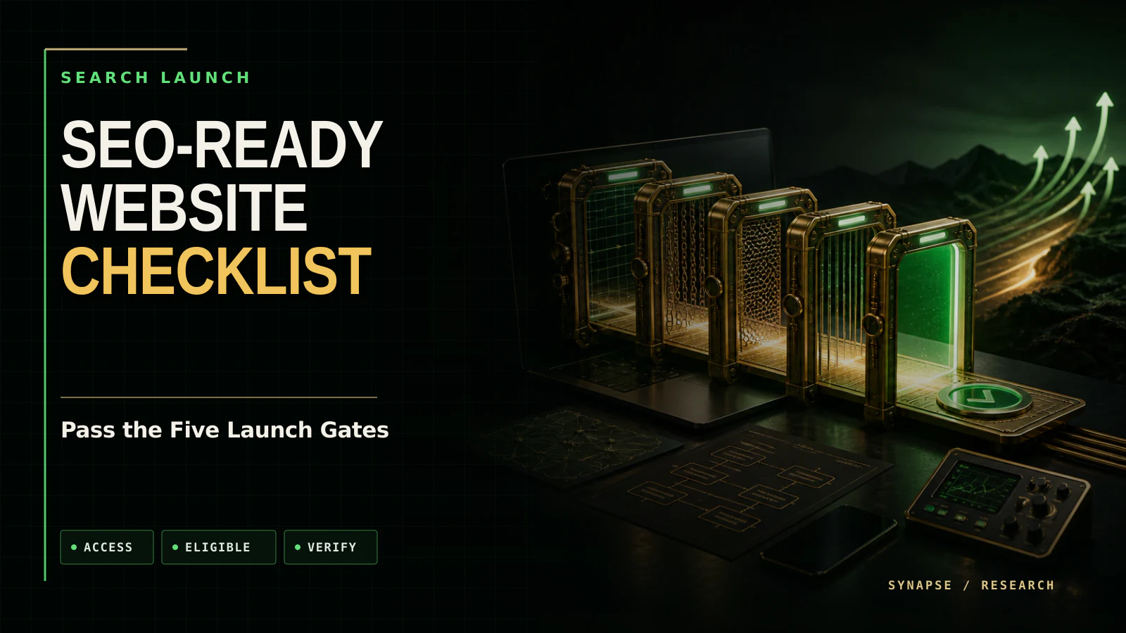 SEO-ready website checklist editorial cover with a laptop passing five physical launch gates.