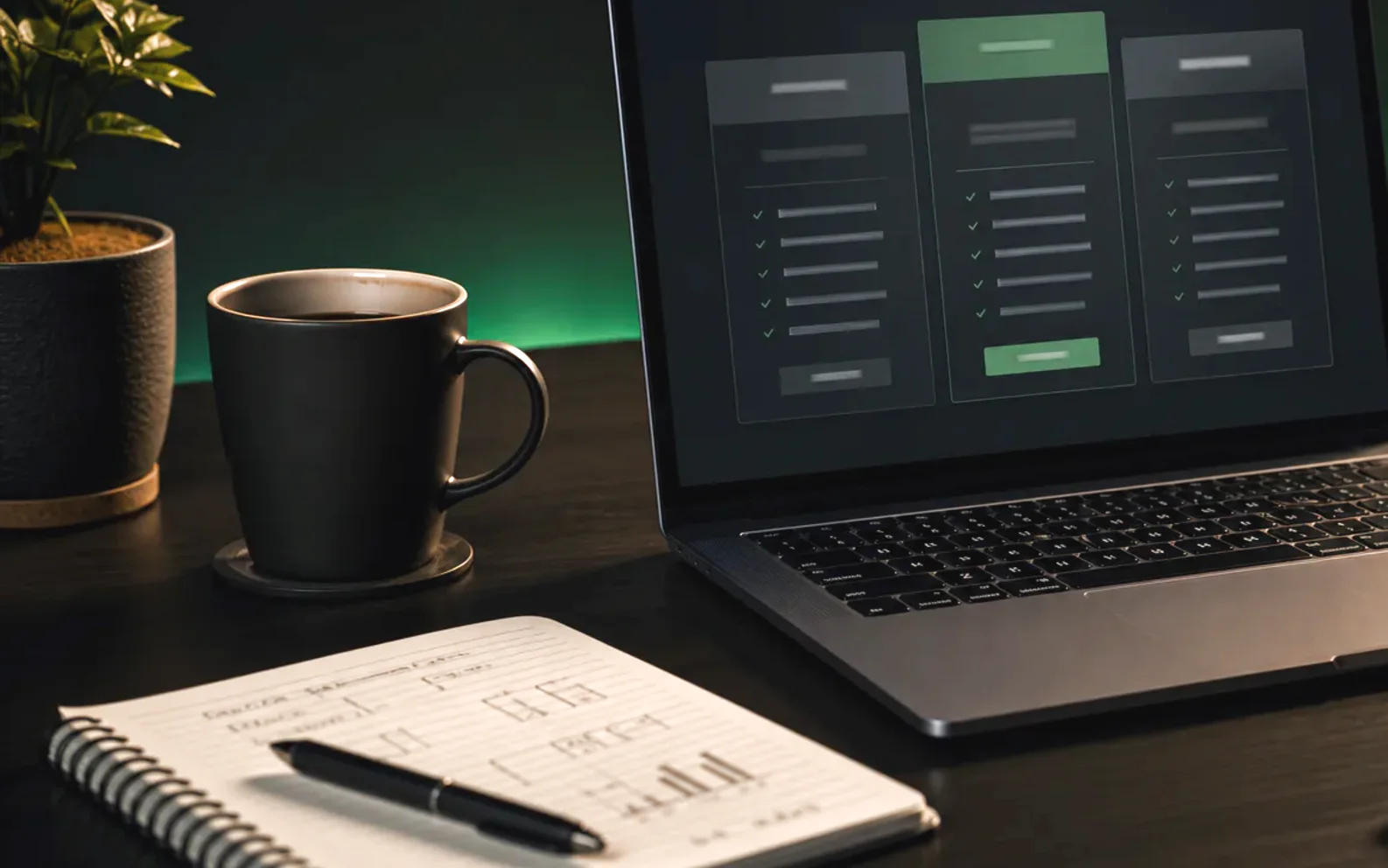Dark planning desk with a pricing screen, calculator, notebook, and coffee mug.