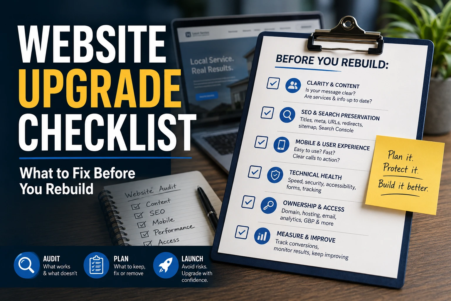 Website upgrade audit checklist on a desk beside a laptop and phone.
