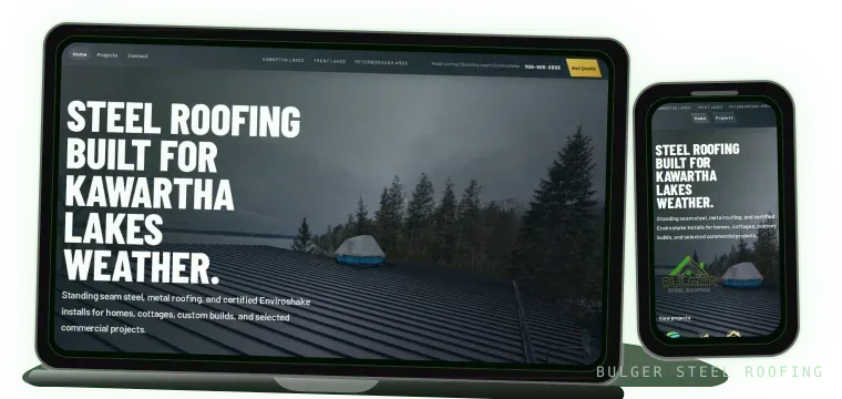Laptop and phone preview of the Bulger Steel Roofing website.