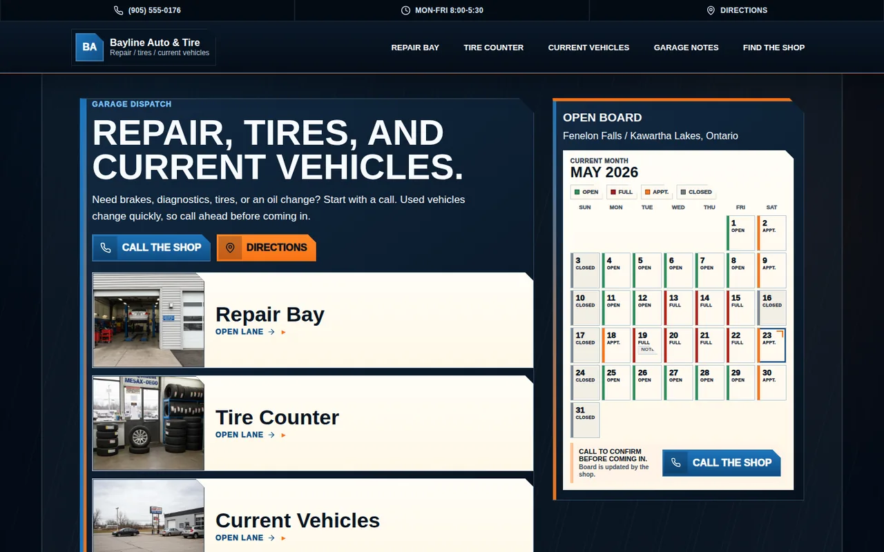 Screenshot of the Bayline Auto & Tire mechanic demo homepage for a local auto repair and tire website.