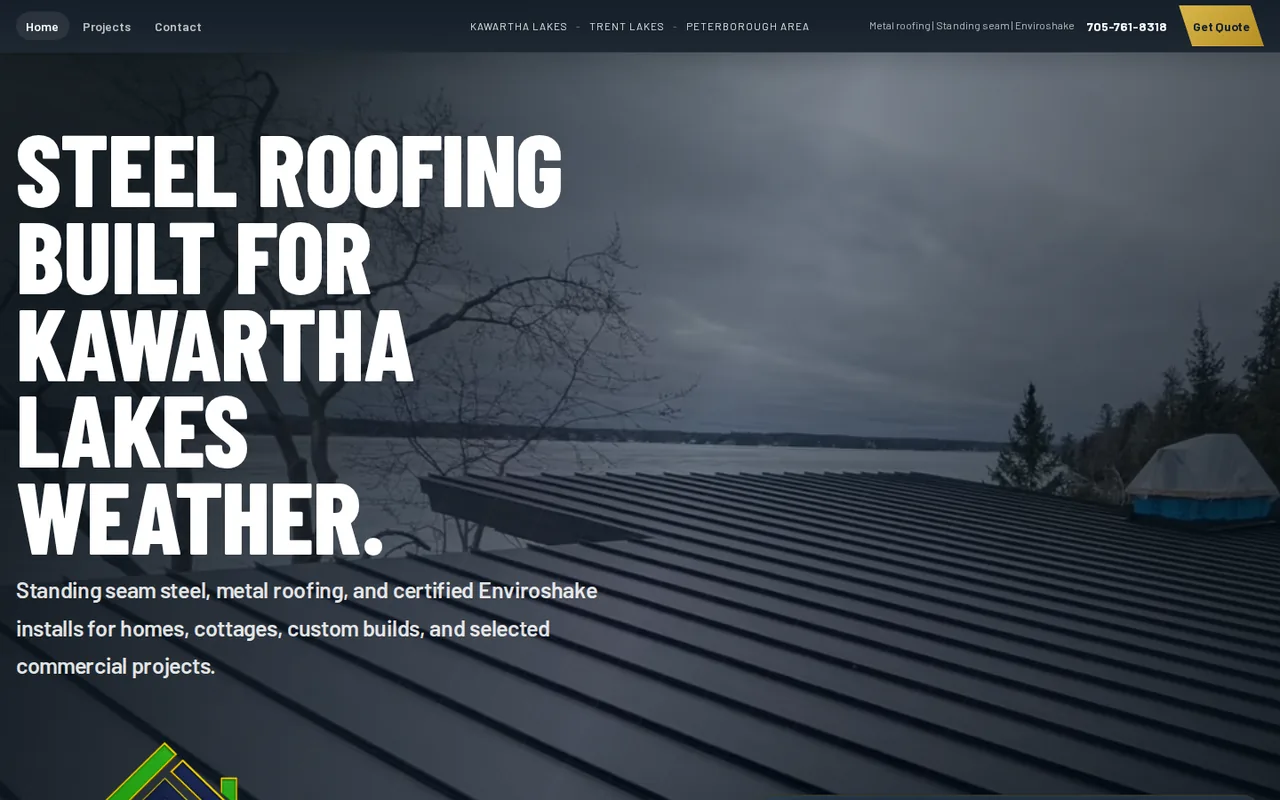 Screenshot of the Bulger Steel Roofing homepage for a Kawartha Lakes steel roofing website.