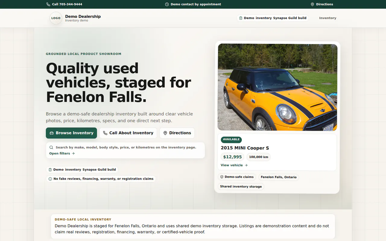 Screenshot of the Used Car Dealer Demo homepage hero with a staged vehicle card and inventory-first showroom layout.