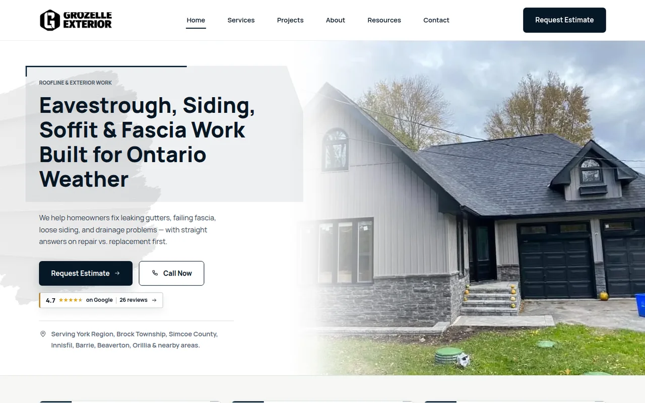 Current Grozelle Exterior live homepage for eavestrough, siding, soffit, and fascia services.