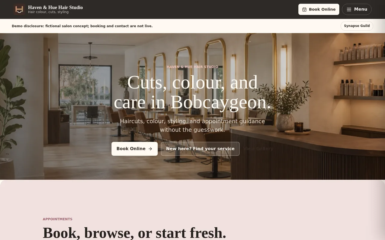 Screenshot of the Haven & Hue salon website demo homepage for a beauty and hair studio website.