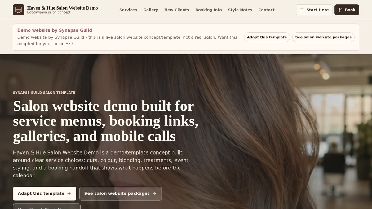 Screenshot-style preview of the Haven & Hue salon website demo.