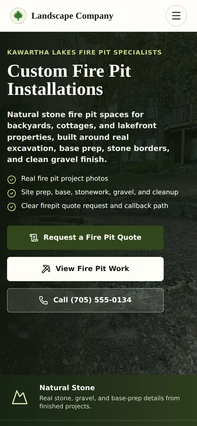 Mobile view of the Landscape Company custom fire pit installation landing page demo.