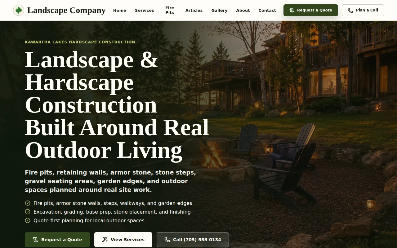 Landscape Company hardscape website demo homepage Landscape Company hardscape website demo homepage with quote and service calls to action.