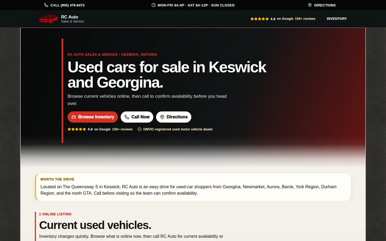 Screenshot of the RC Auto Sales & Service live used-vehicle website homepage.