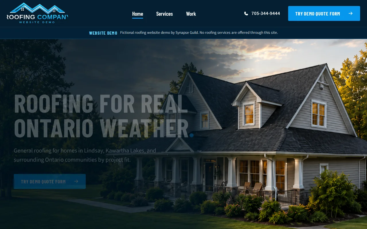 Roofing Company local-service website demo homepage Roofing Company website demo homepage with a neutral demo logo, roofing hero, and quote-form path.