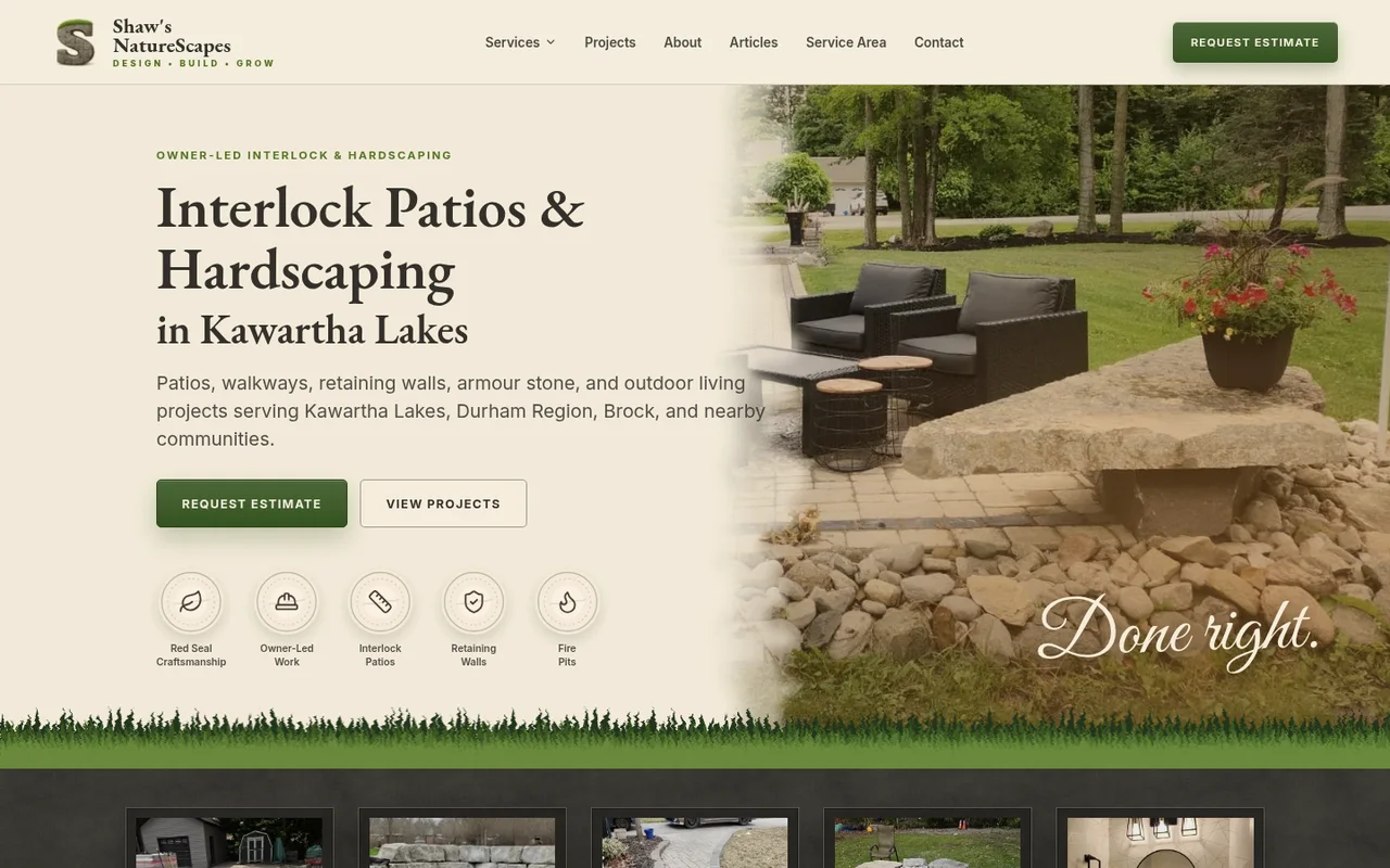 Current Shaw's NatureScapes live homepage showing interlock and hardscaping services.