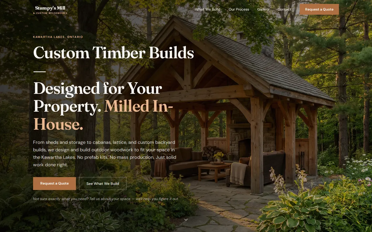 Screenshot of the Stumpy's Mill public website hero section.